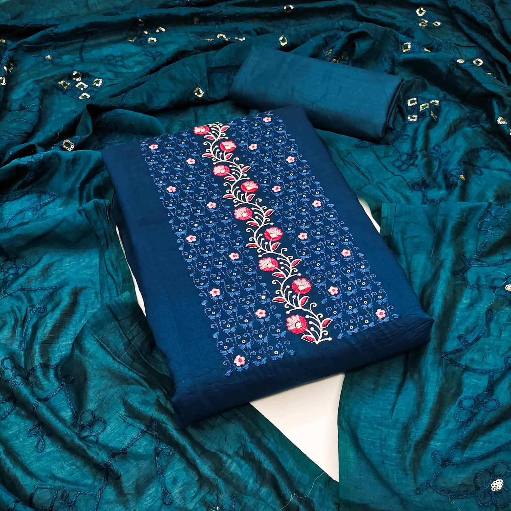 Rangtulika Ethnics Unstitched Silk Blend Embroidered Dress Material - Blue ( Pack of 1 ) - Unstitched Fabrics | Buy online on ZillyBuy