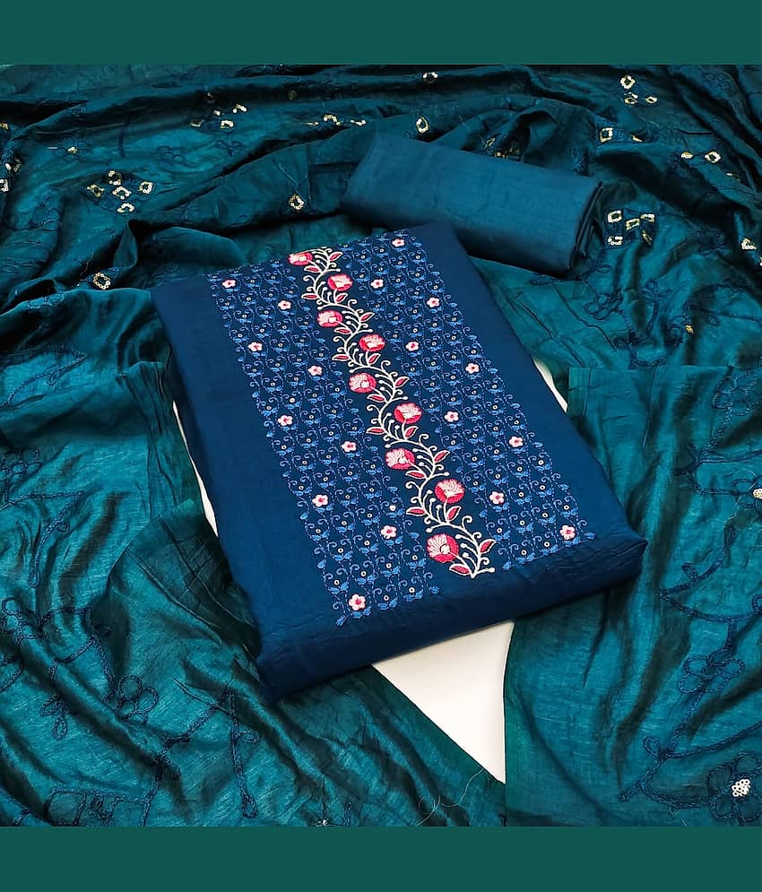 Rangtulika Ethnics Unstitched Silk Blend Embroidered Dress Material - Blue ( Pack of 1 ) - Unstitched Fabrics | Buy online on ZillyBuy