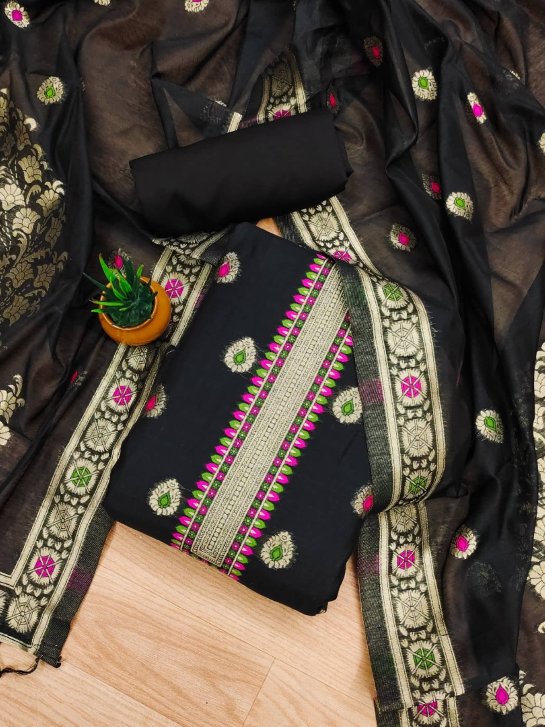 Rangtulika Ethnics Unstitched Silk Blend Embroidered Dress Material - Black ( Pack of 1 ) - Unstitched Fabrics | Buy online on ZillyBuy