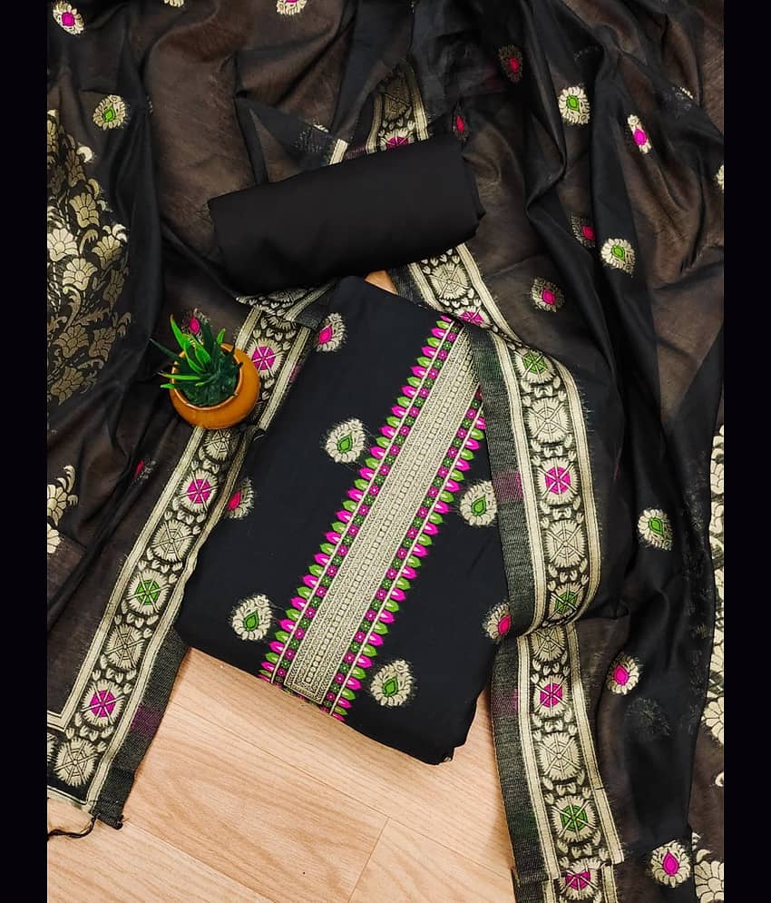 Rangtulika Ethnics Unstitched Silk Blend Embroidered Dress Material - Black ( Pack of 1 ) - Unstitched Fabrics | Buy online on ZillyBuy