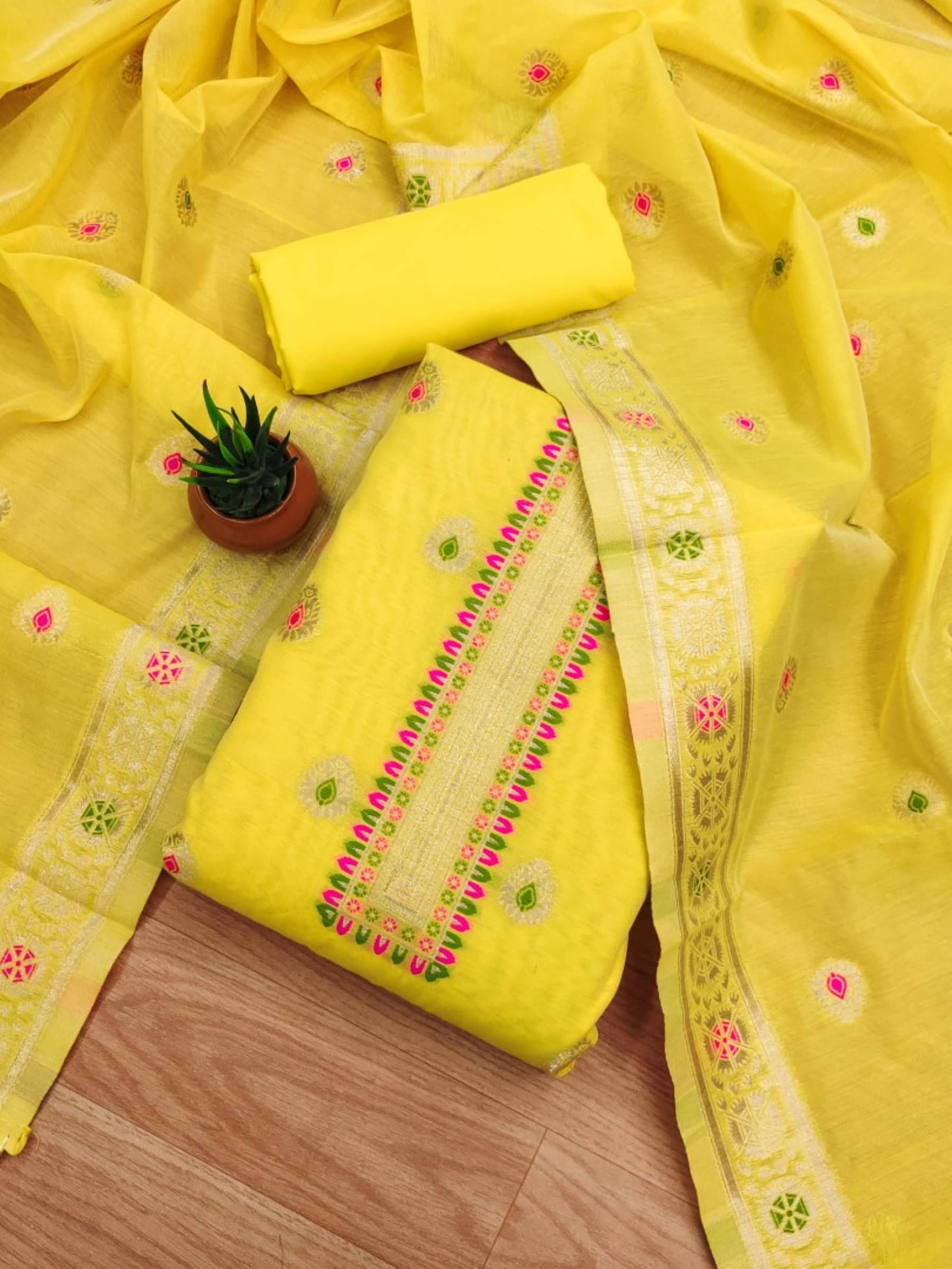 Rangtulika Ethnics Unstitched Silk Blend Embroidered Dress Material - Yellow ( Pack of 1 ) Rangtulika Ethnics Unstitched Silk Blend Embroidered Dress Material - Yellow ( Pack of 1 )
