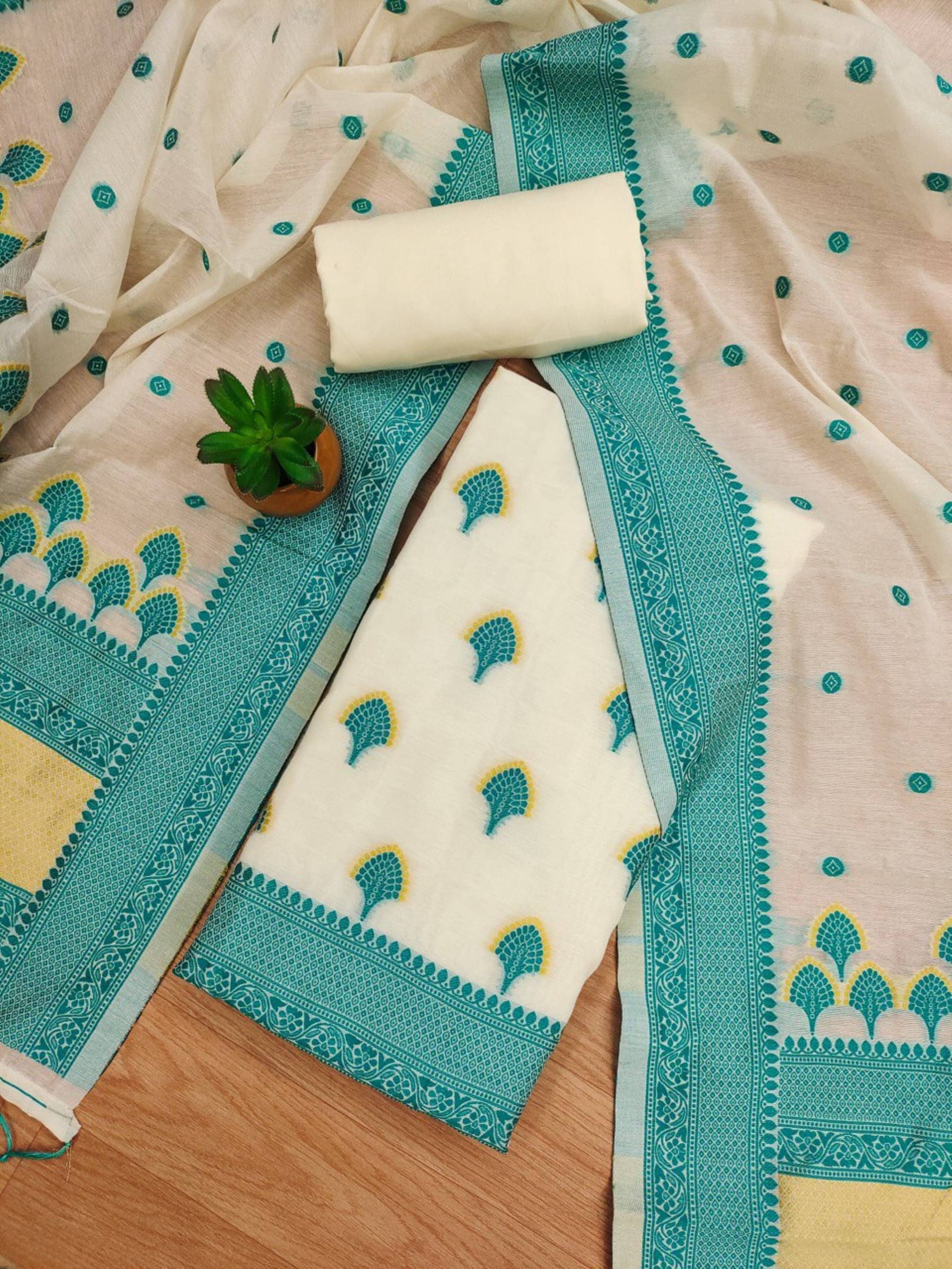     			Rangtulika Ethnics Unstitched Silk Blend Embroidered Dress Material - Teal ( Pack of 1 )