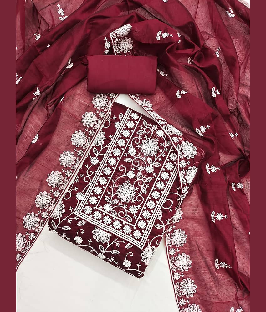 Rangtulika Ethnics Unstitched Silk Blend Embroidered Dress Material - Maroon ( Pack of 1 ) - Unstitched Fabrics | Buy online on ZillyBuy