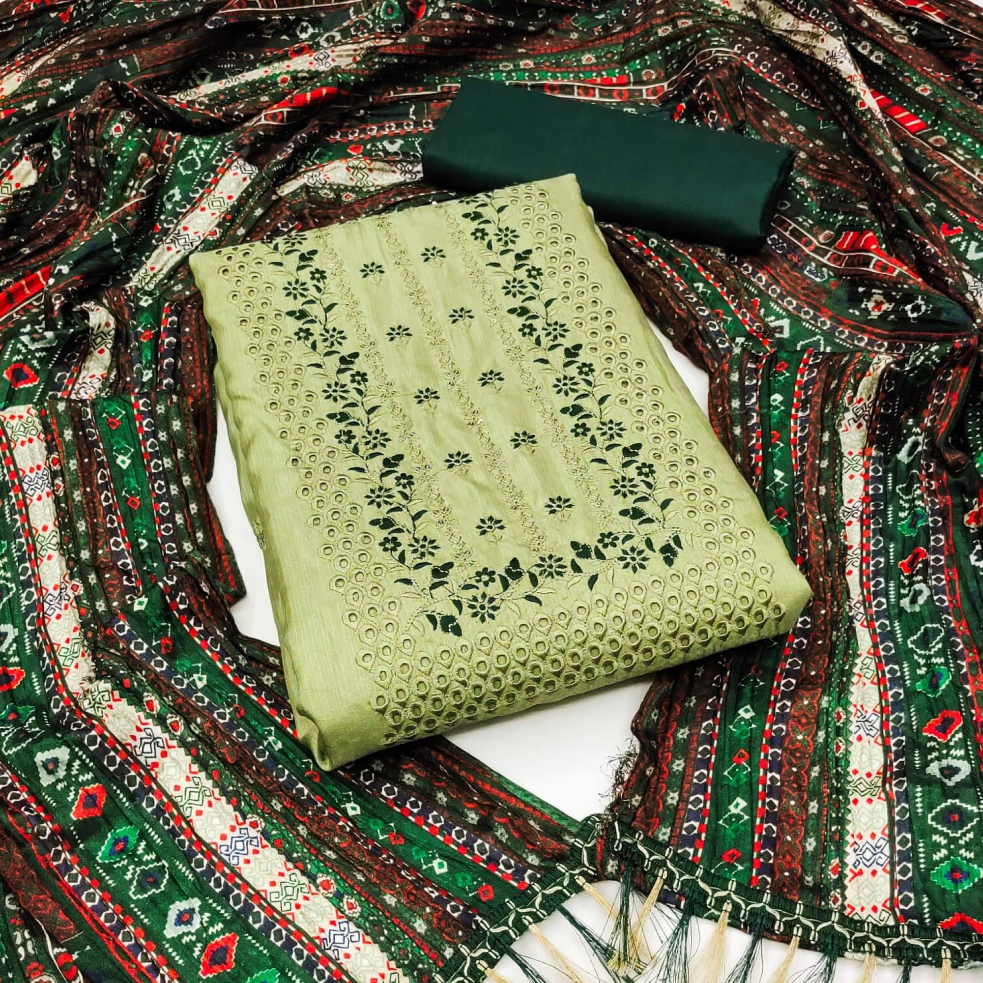     			Rangtulika Ethnics Unstitched Silk Blend Embroidered Dress Material - Green ( Pack of 1 )