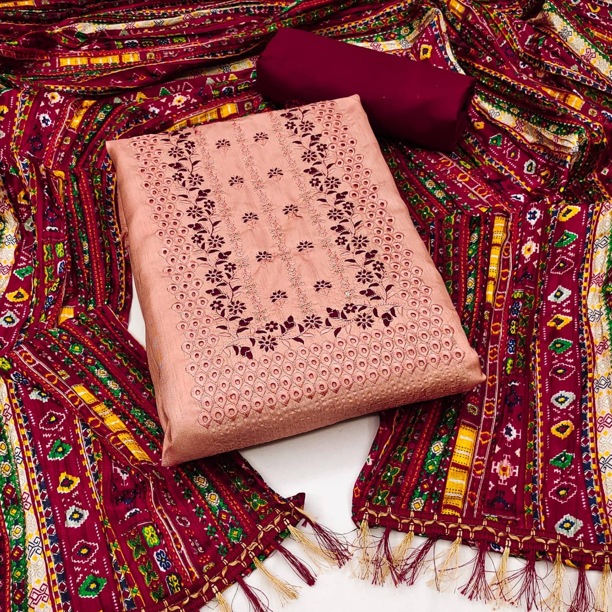 Rangtulika Ethnics Unstitched Silk Blend Embroidered Dress Material - Peach ( Pack of 1 ) Rangtulika Ethnics Unstitched Silk Blend Embroidered Dress Material - Peach ( Pack of 1 )