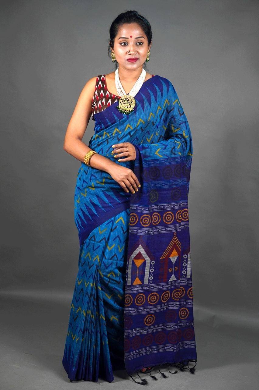    			SARADA HANDLOOM Cotton Printed Saree With Unstitched Blouse Piece ( Blue )