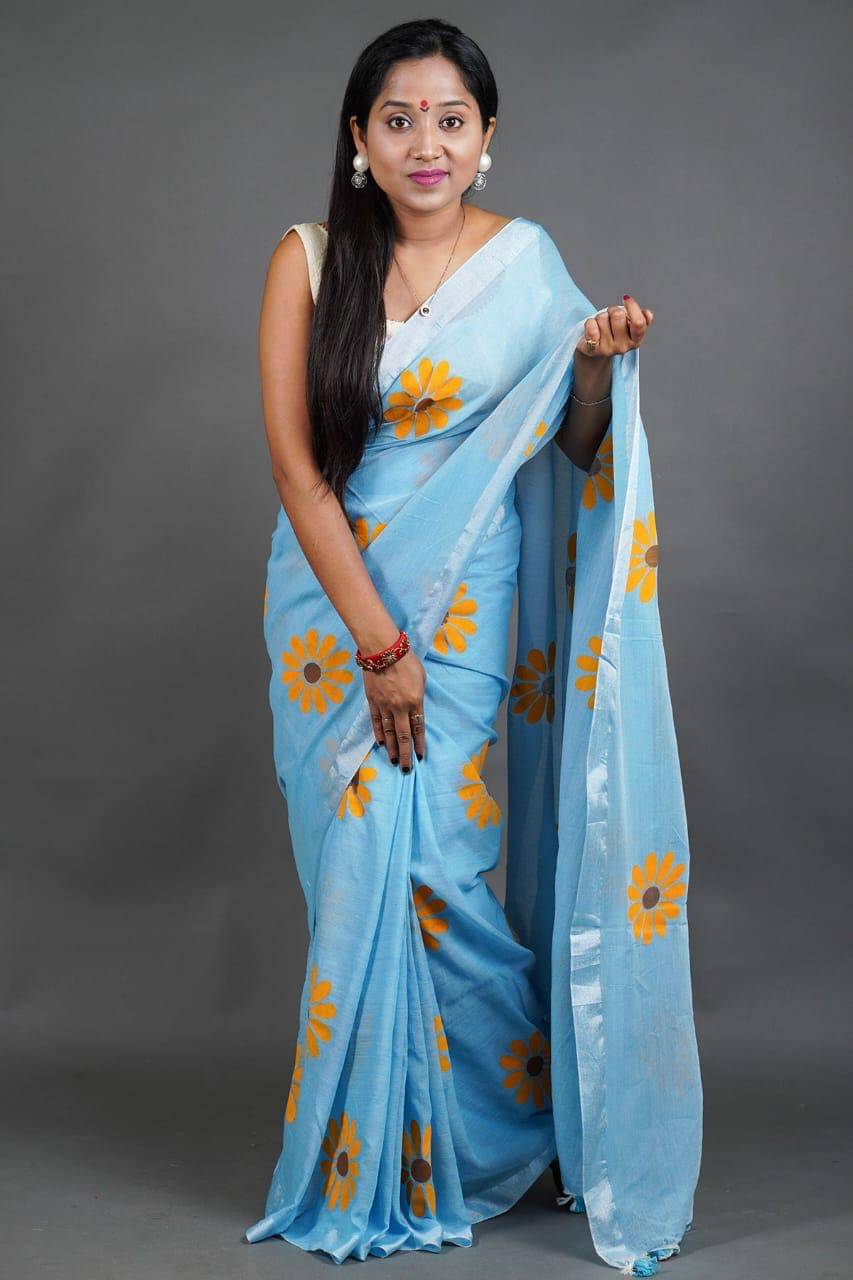     			SARADA HANDLOOM Cotton Printed Saree With Unstitched Blouse Piece ( SkyBlue )