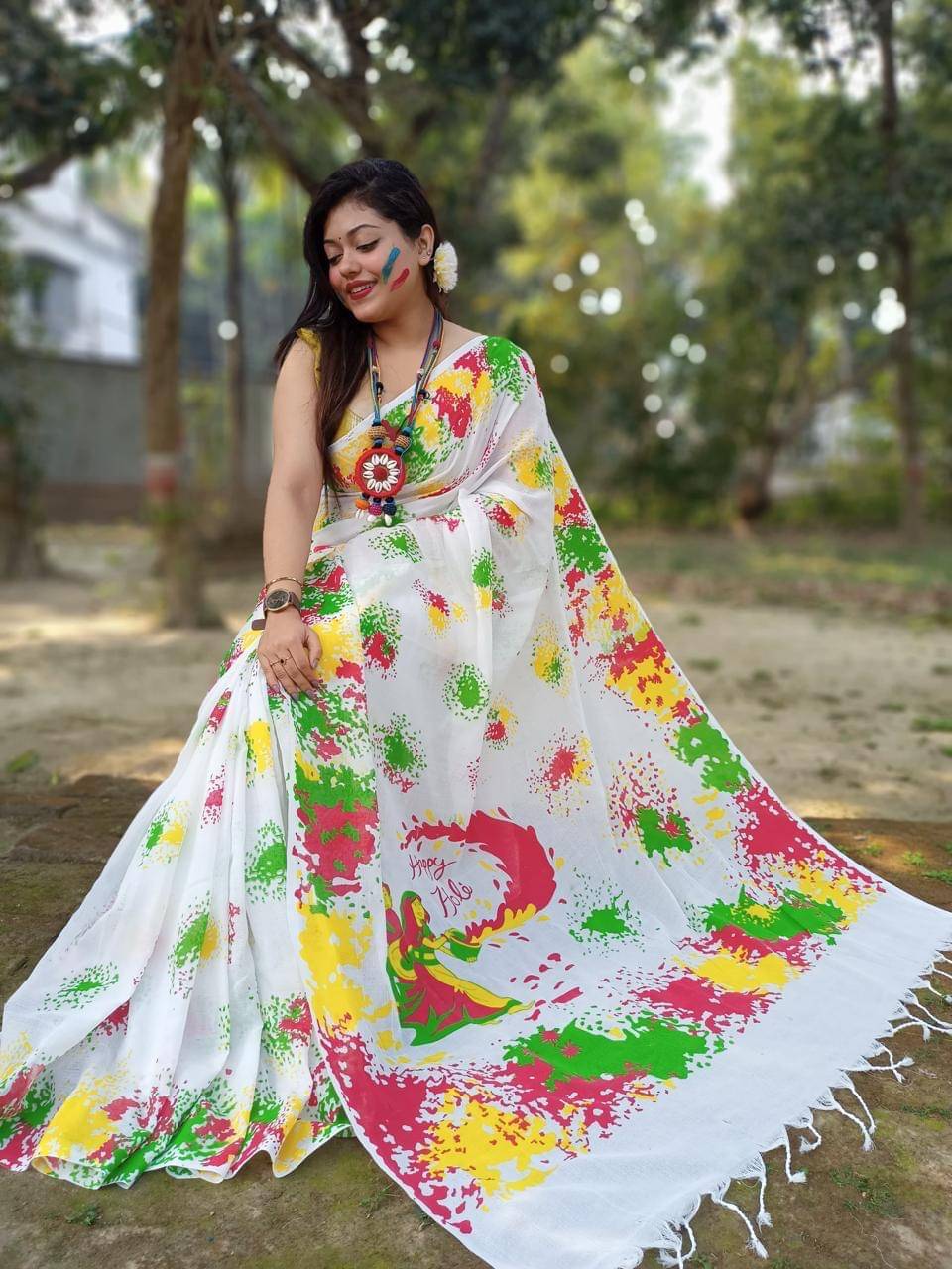     			SARADA HANDLOOM Cotton Printed Saree With Unstitched Blouse Piece ( White )