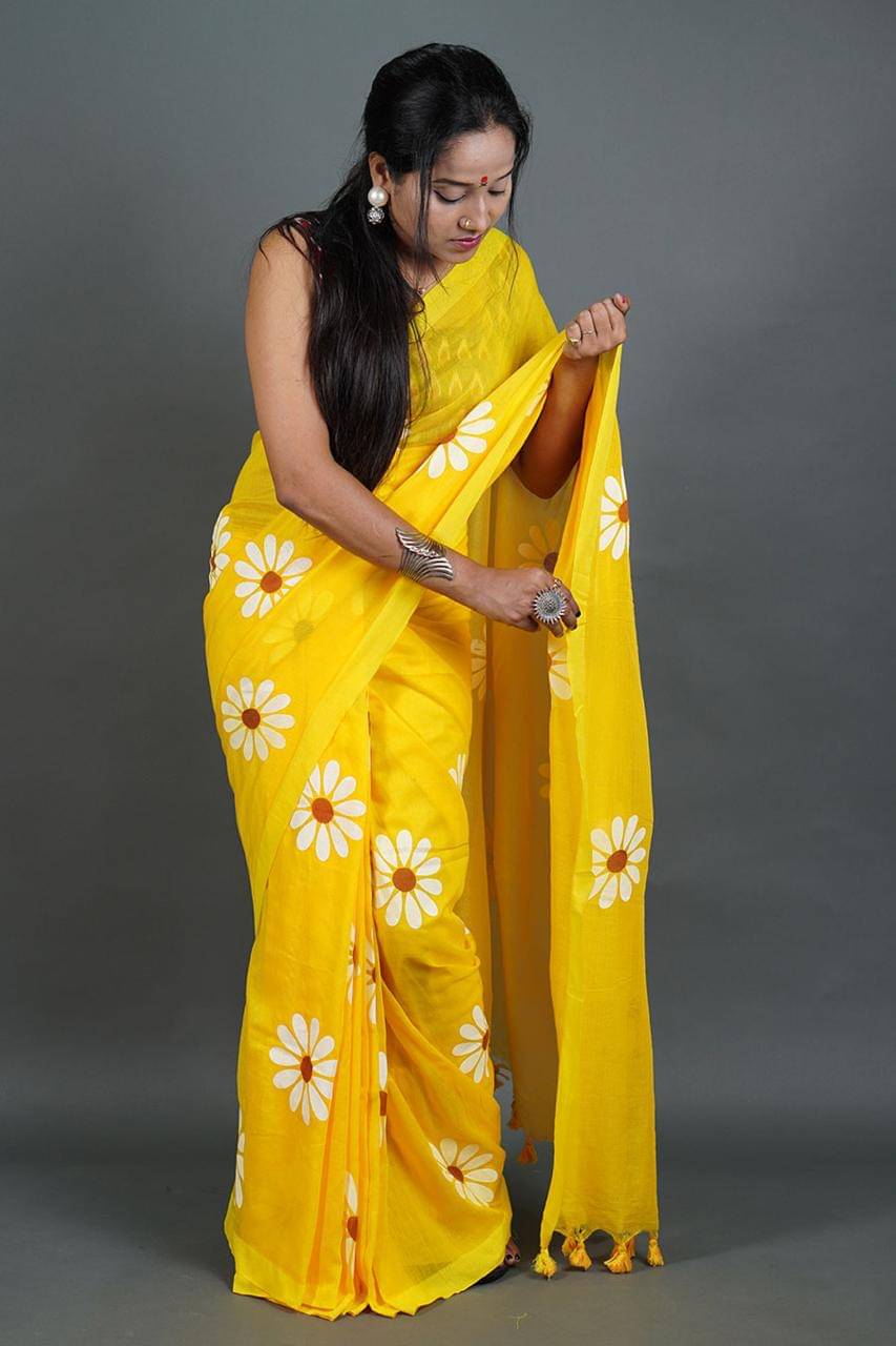     			SARADA HANDLOOM Cotton Printed Saree With Unstitched Blouse Piece ( Yellow )
