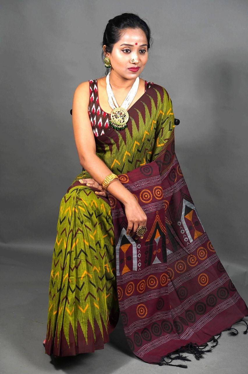     			SARADA HANDLOOM Cotton Striped Saree With Unstitched Blouse Piece ( Green )