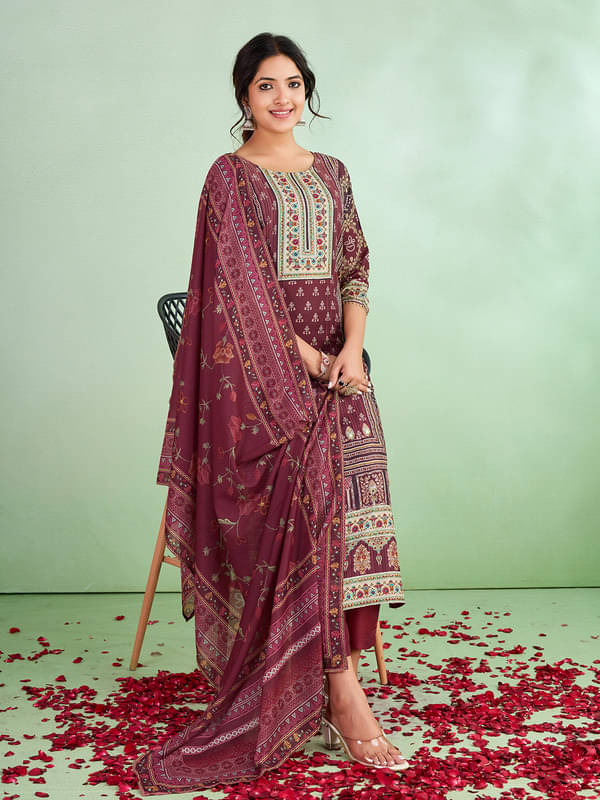 SUAAC Cotton Blend Printed Kurti With Pants Women's Stitched Salwar Suit - Maroon ( Pack of 1 ) SUAAC Cotton Blend Printed Kurti With Pants Women's Stitched Salwar Suit - Maroon ( Pack of 1 )