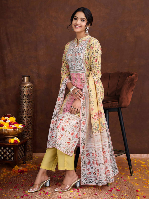     			SUAAC Cotton Blend Printed Kurti With Pants Women's Stitched Salwar Suit - Yellow ( Pack of 1 )