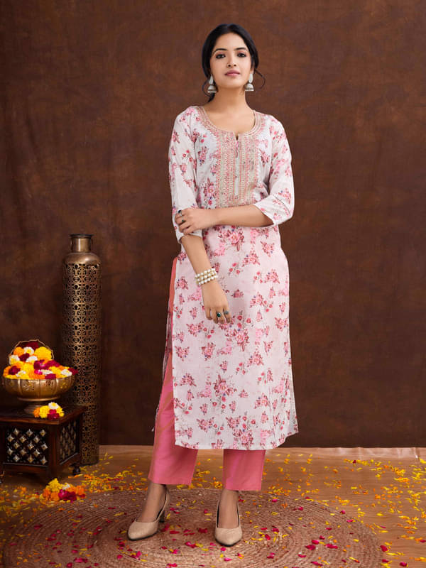 SUAAC Pack of 1 Cotton Embroidered Straight Women's Kurti - ( White ) SUAAC Pack of 1 Cotton Embroidered Straight Women's Kurti - ( White )