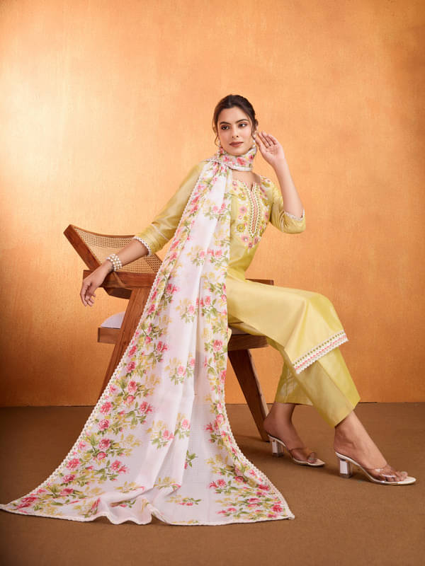 SUAAC Silk Blend Embroidered Kurti With Pants Women's Stitched Salwar Suit - Yellow ( Pack of 1 ) SUAAC Silk Blend Embroidered Kurti With Pants Women's Stitched Salwar Suit - Yellow ( Pack of 1 )