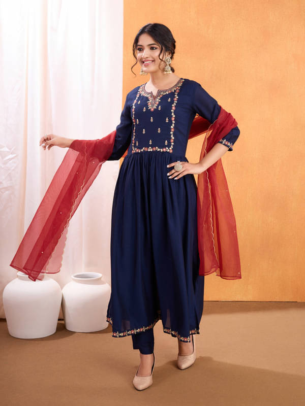     			SUAAC Silk Blend Embroidered Kurti With Pants Women's Stitched Salwar Suit - Navy Blue ( Pack of 1 )