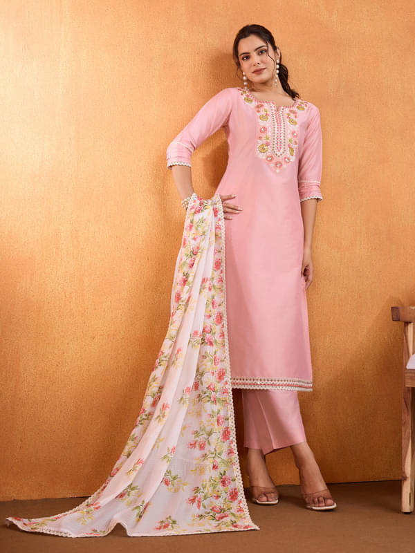     			SUAAC Silk Blend Embroidered Kurti With Pants Women's Stitched Salwar Suit - Pink ( Pack of 1 )