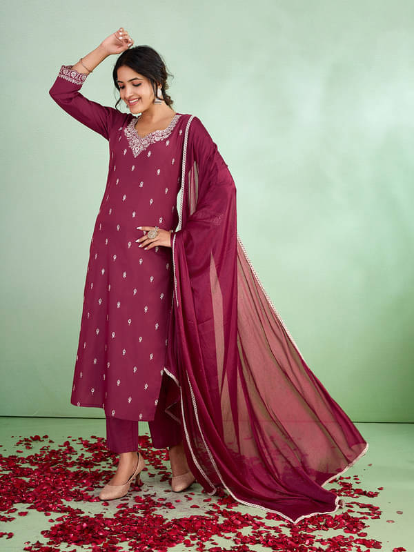     			SUAAC Silk Blend Embroidered Kurti With Pants Women's Stitched Salwar Suit - Pink ( Pack of 1 )