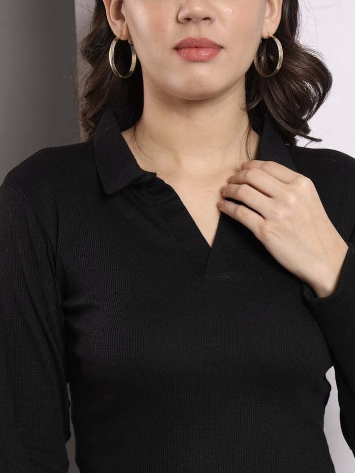 Smileai Fashion Women Cotton Solid Regular Fit Polo Collar T-Shirt ( Black ) Smileai Fashion Women Cotton Solid Regular Fit Polo Collar T-Shirt ( Black )