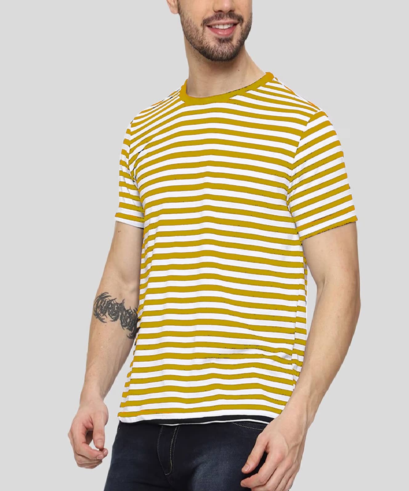 VEE SAA Cotton Regular Fit Striped Half Sleeves Men's Round T-Shirt - Yellow ( Pack of 1 )