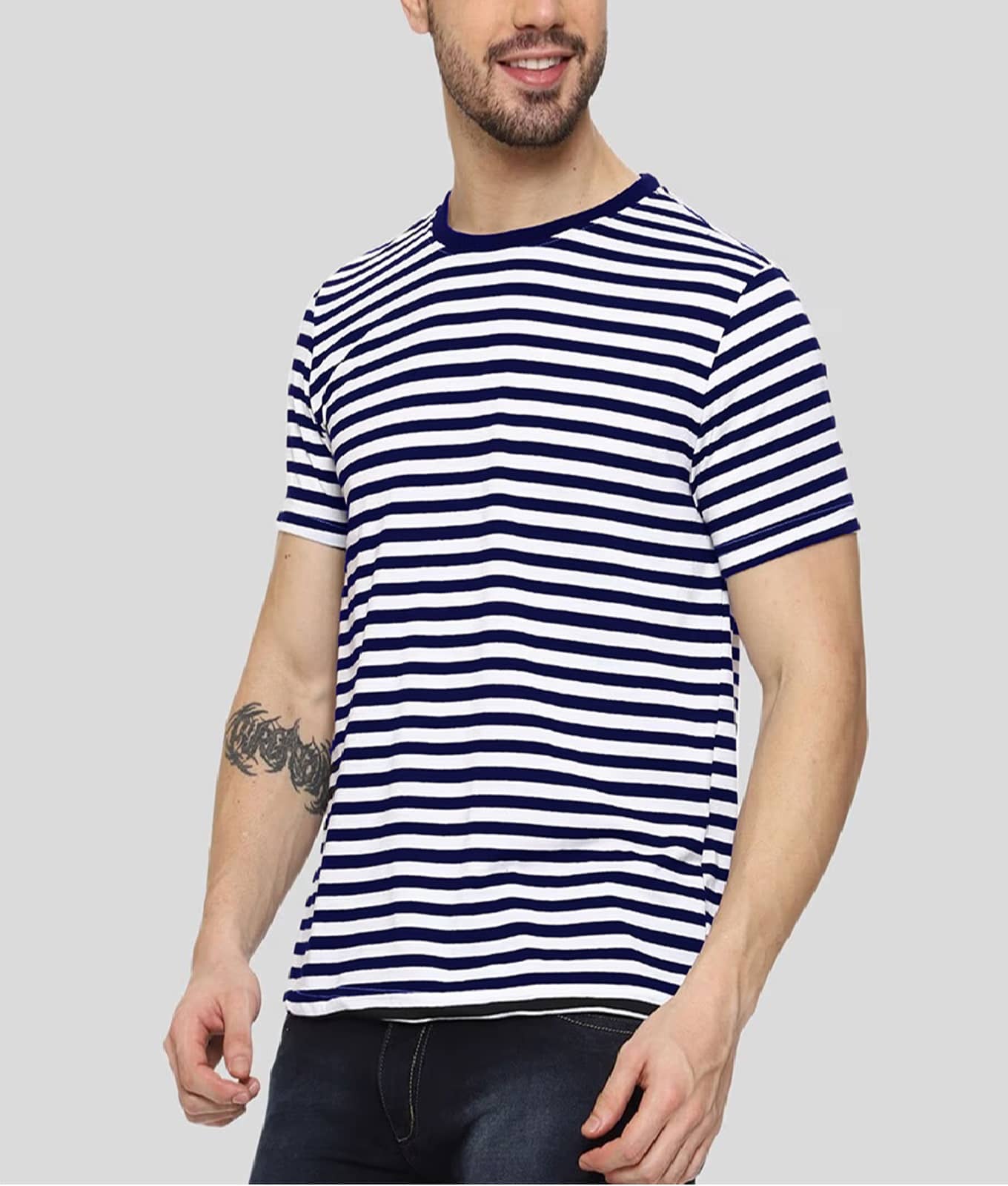VEE SAA Cotton Regular Fit Striped Half Sleeves Men's Round T-Shirt - Blue ( Pack of 1 )