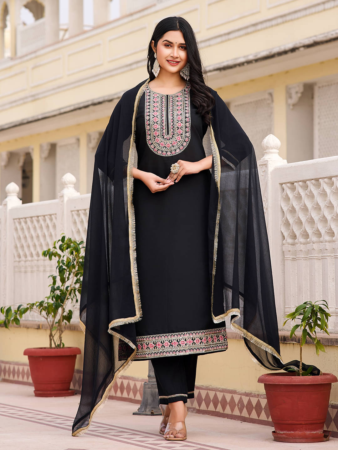     			VIBEVISION Cotton Blend Embroidered Kurti With Pants Women's Stitched Salwar Suit - Black ( Pack of 1 )