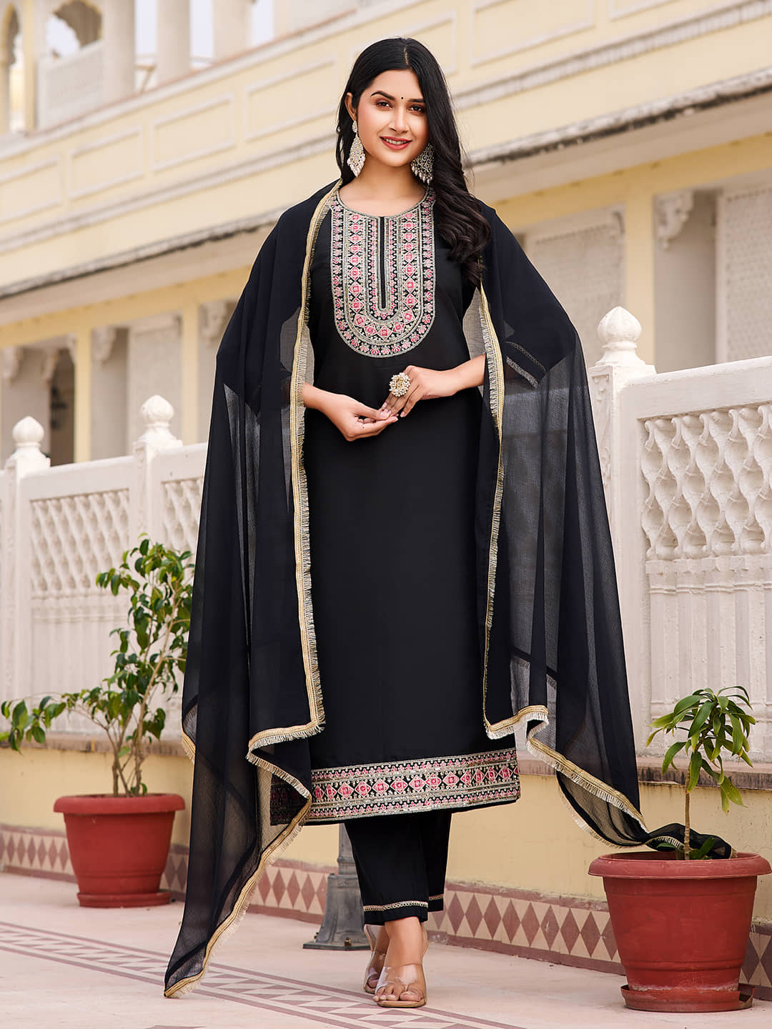 VIBEVISION Cotton Blend Embroidered Kurti With Pants Women's Stitched Salwar Suit - Black ( Pack of 1 )