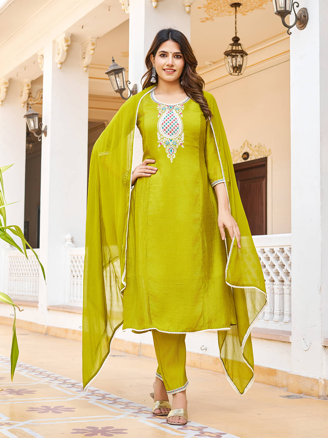 VIBEVISION Cotton Blend Embroidered Kurti With Pants Women's Stitched Salwar Suit - Olive ( Pack of 1 ) VIBEVISION Cotton Blend Embroidered Kurti With Pants Women's Stitched Salwar Suit - Olive ( Pack of 1 )