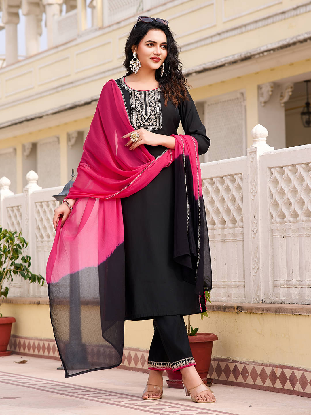 VIBEVISION Cotton Blend Embroidered Kurti With Pants Women's Stitched Salwar Suit - Black ( Pack of 1 ) VIBEVISION Cotton Blend Embroidered Kurti With Pants Women's Stitched Salwar Suit - Black ( Pack of 1 )