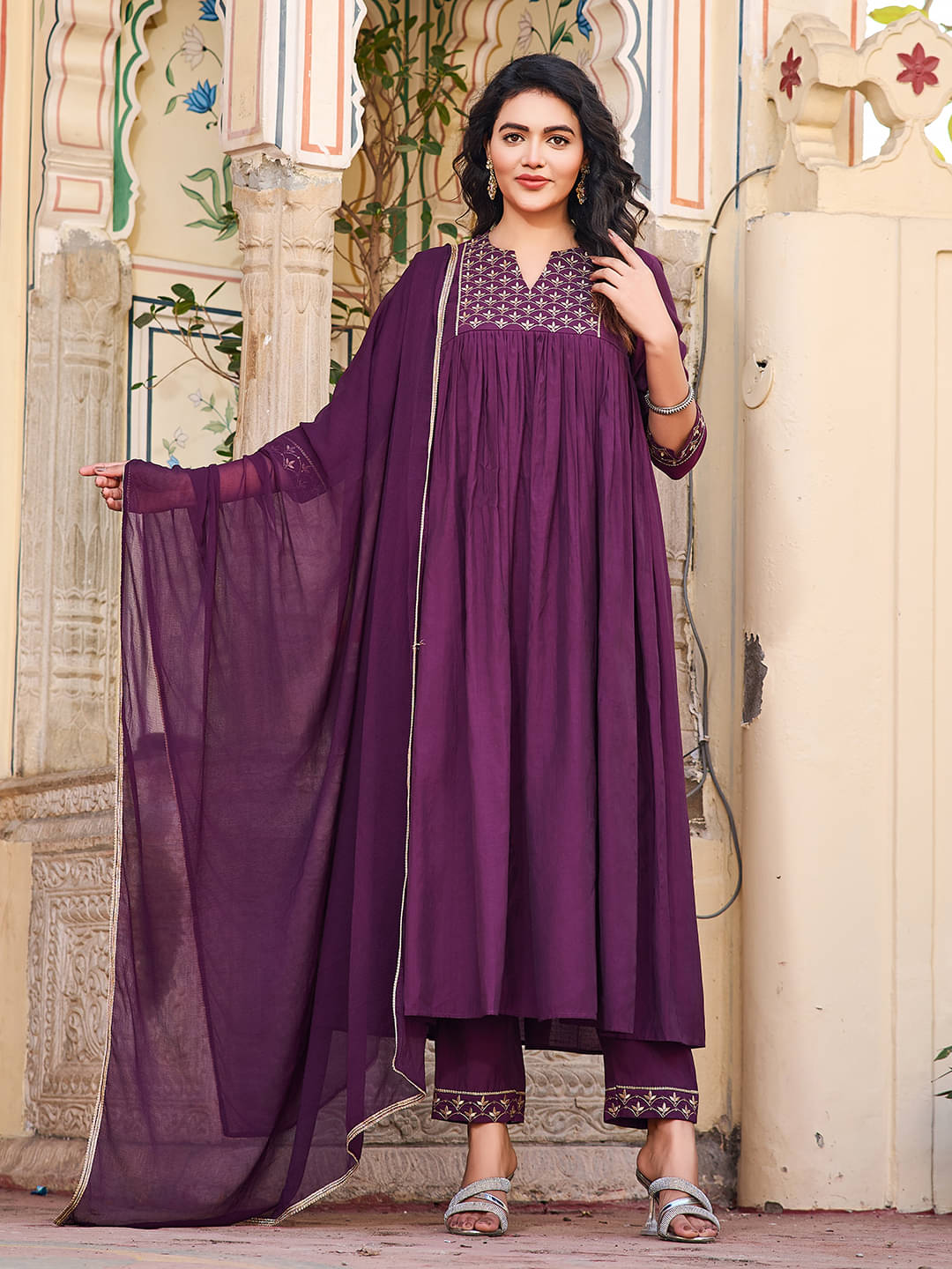 VIBEVISION Cotton Blend Embroidered Kurti With Pants Women's Stitched Salwar Suit - Purple ( Pack of 1 ) VIBEVISION Cotton Blend Embroidered Kurti With Pants Women's Stitched Salwar Suit - Purple ( Pack of 1 )