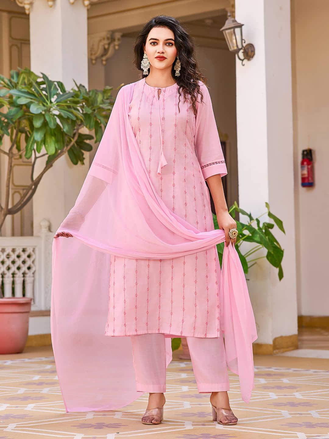 VIBEVISION Cotton Blend Embroidered Kurti With Pants Women's Stitched Salwar Suit - Pink ( Pack of 1 )