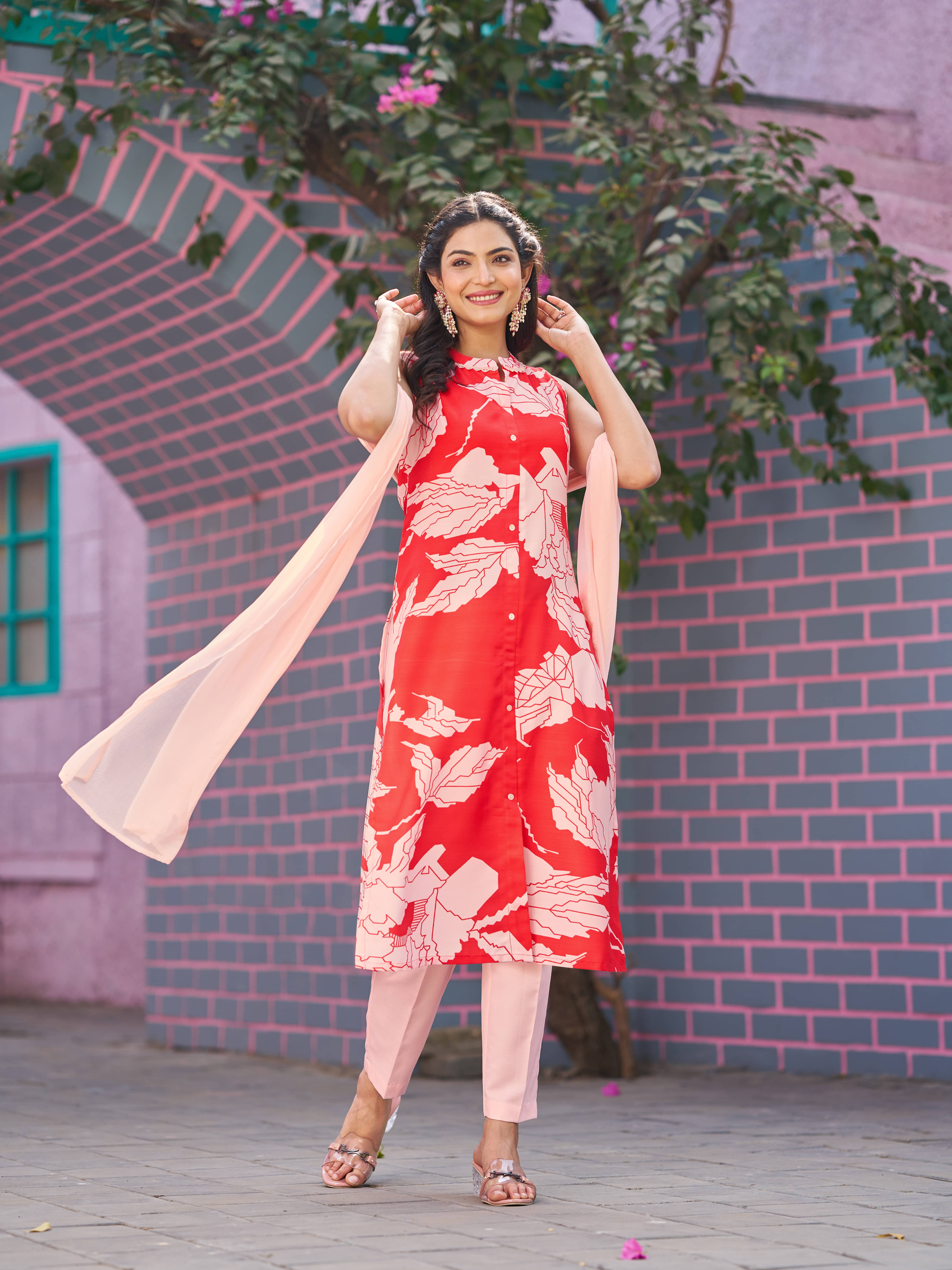 VIBEVISION Cotton Blend Printed Kurti With Pants Women's Stitched Salwar Suit - Red ( Pack of 1 ) VIBEVISION Cotton Blend Printed Kurti With Pants Women's Stitched Salwar Suit - Red ( Pack of 1 )