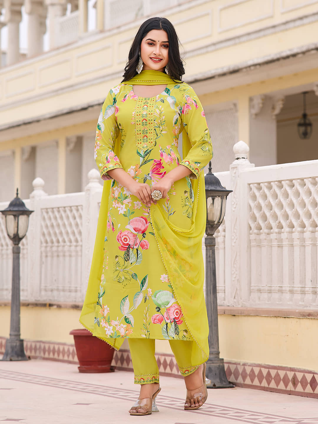 VIBEVISION Cotton Blend Printed Kurti With Pants Women's Stitched Salwar Suit - Yellow ( Pack of 1 )