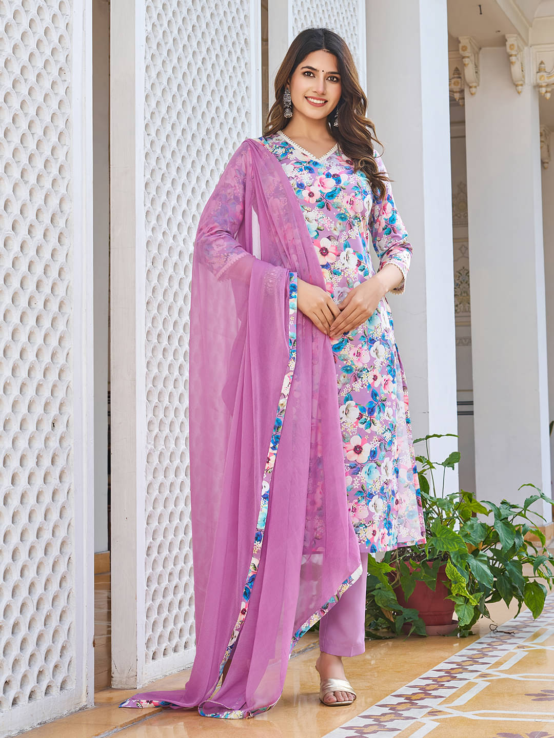 VIBEVISION Cotton Blend Printed Kurti With Pants Women's Stitched Salwar Suit - Purple ( Pack of 1 ) VIBEVISION Cotton Blend Printed Kurti With Pants Women's Stitched Salwar Suit - Purple ( Pack of 1 )
