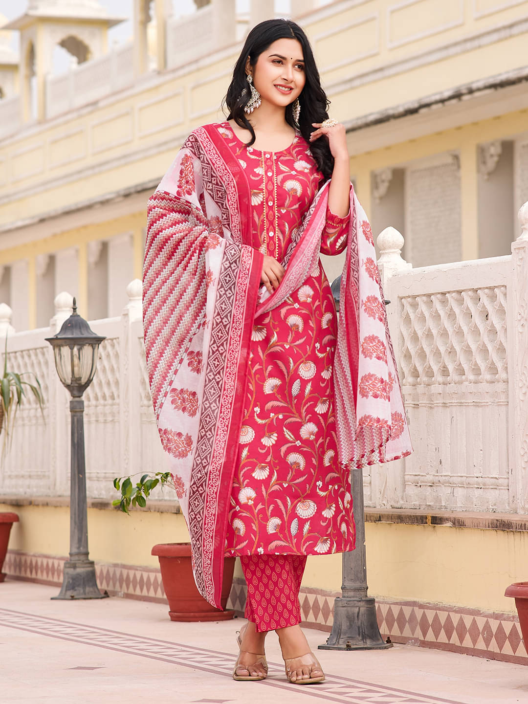 VIBEVISION Cotton Blend Printed Kurti With Pants Women's Stitched Salwar Suit - Red ( Pack of 1 ) VIBEVISION Cotton Blend Printed Kurti With Pants Women's Stitched Salwar Suit - Red ( Pack of 1 )