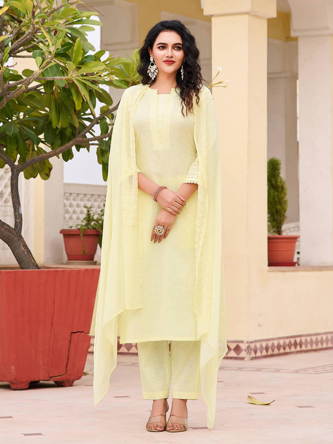 VIBEVISION Cotton Blend Solid Kurti With Pants Women's Stitched Salwar Suit - Yellow ( Pack of 1 )
