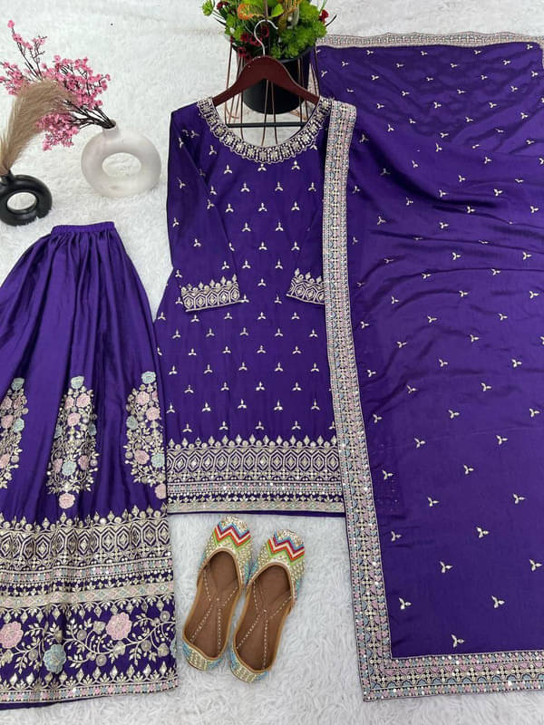 YASHASVI ENTERPRISE Chiffon Embroidered Kurti With Sharara And Gharara Women's Stitched Salwar Suit - Purple ( Pack of 1 ) YASHASVI ENTERPRISE Chiffon Embroidered Kurti With Sharara And Gharara Women's Stitched Salwar Suit - Purple ( Pack of 1 )