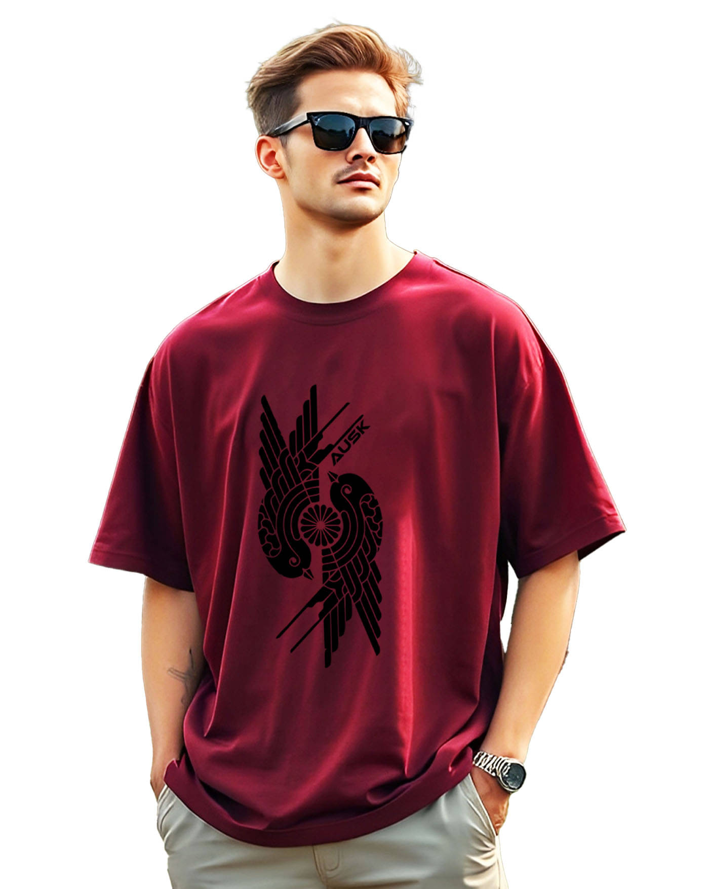     			AOOSH Cotton Oversized Fit Printed Half Sleeves Men's Round T-Shirt - Maroon ( Pack of 1 )