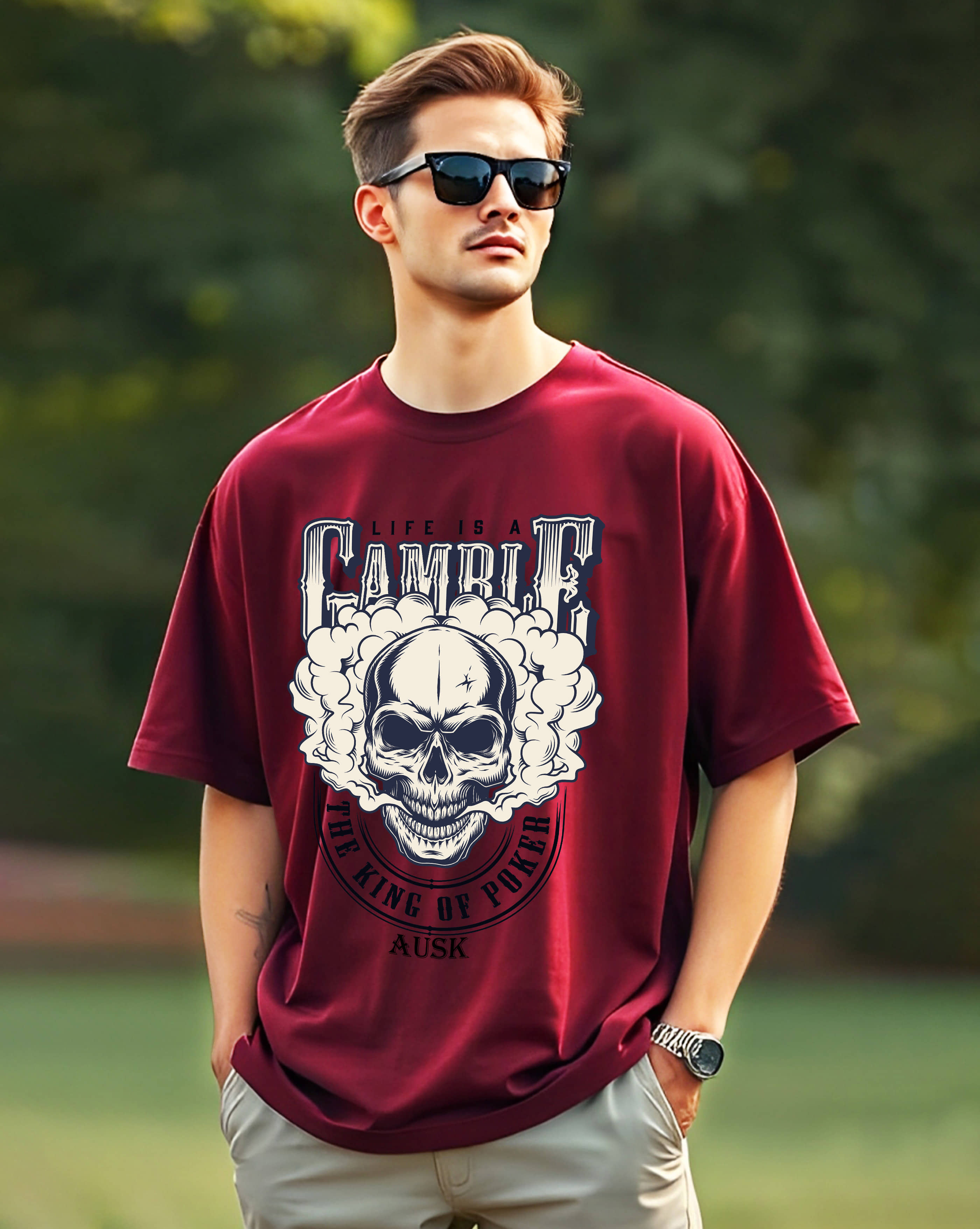 AUSK Cotton Oversized Fit Printed Half Sleeves Men's Round T-Shirt - Maroon ( Pack of 1 )