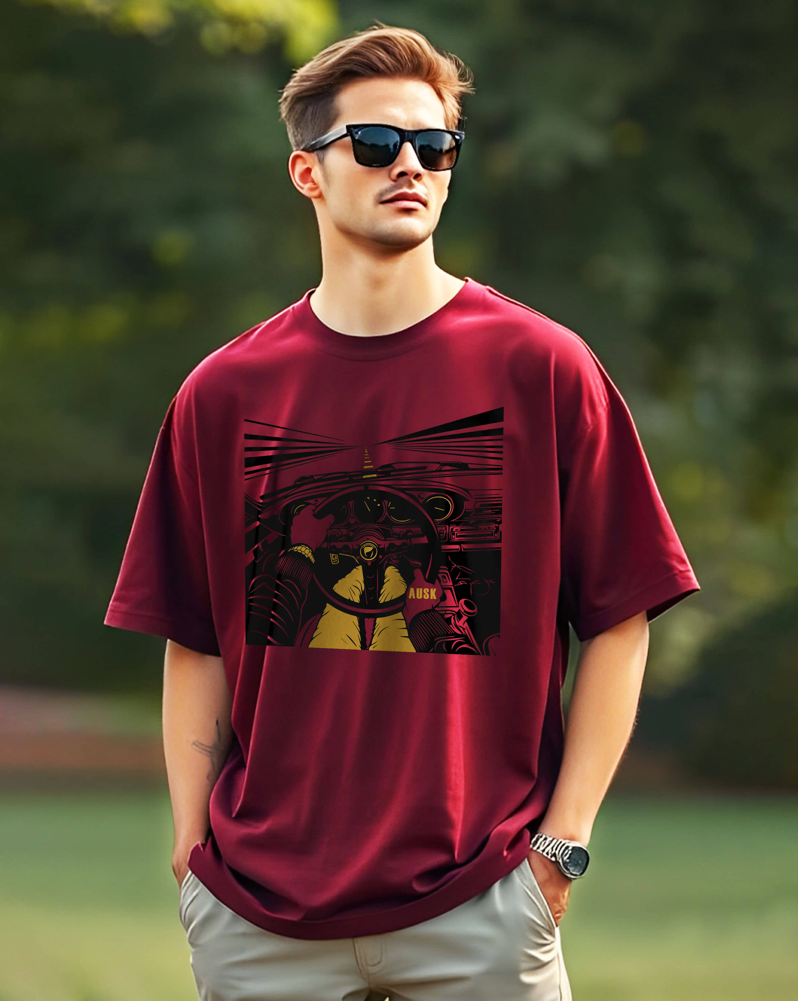 AUSK Cotton Oversized Fit Printed Half Sleeves Men's Round T-Shirt - Maroon ( Pack of 1 )