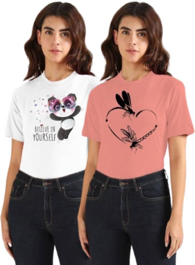    			Lecowar Women Polyester Printed Regular Fit Round Neck T-Shirt ( Multicolor 8 )
