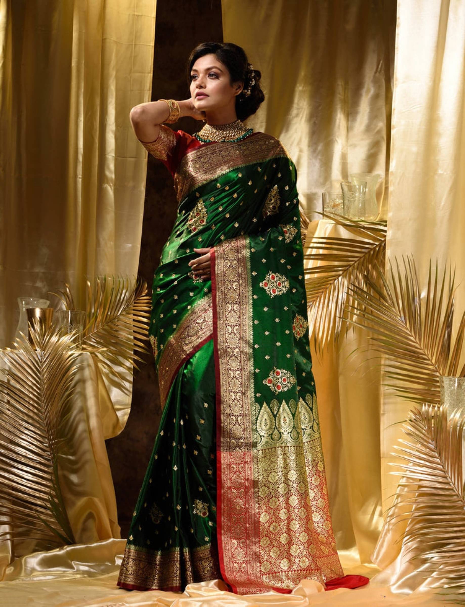     			Rangtulika Ethnics Banarasi Silk Printed Saree With Unstitched Blouse Piece ( Green )