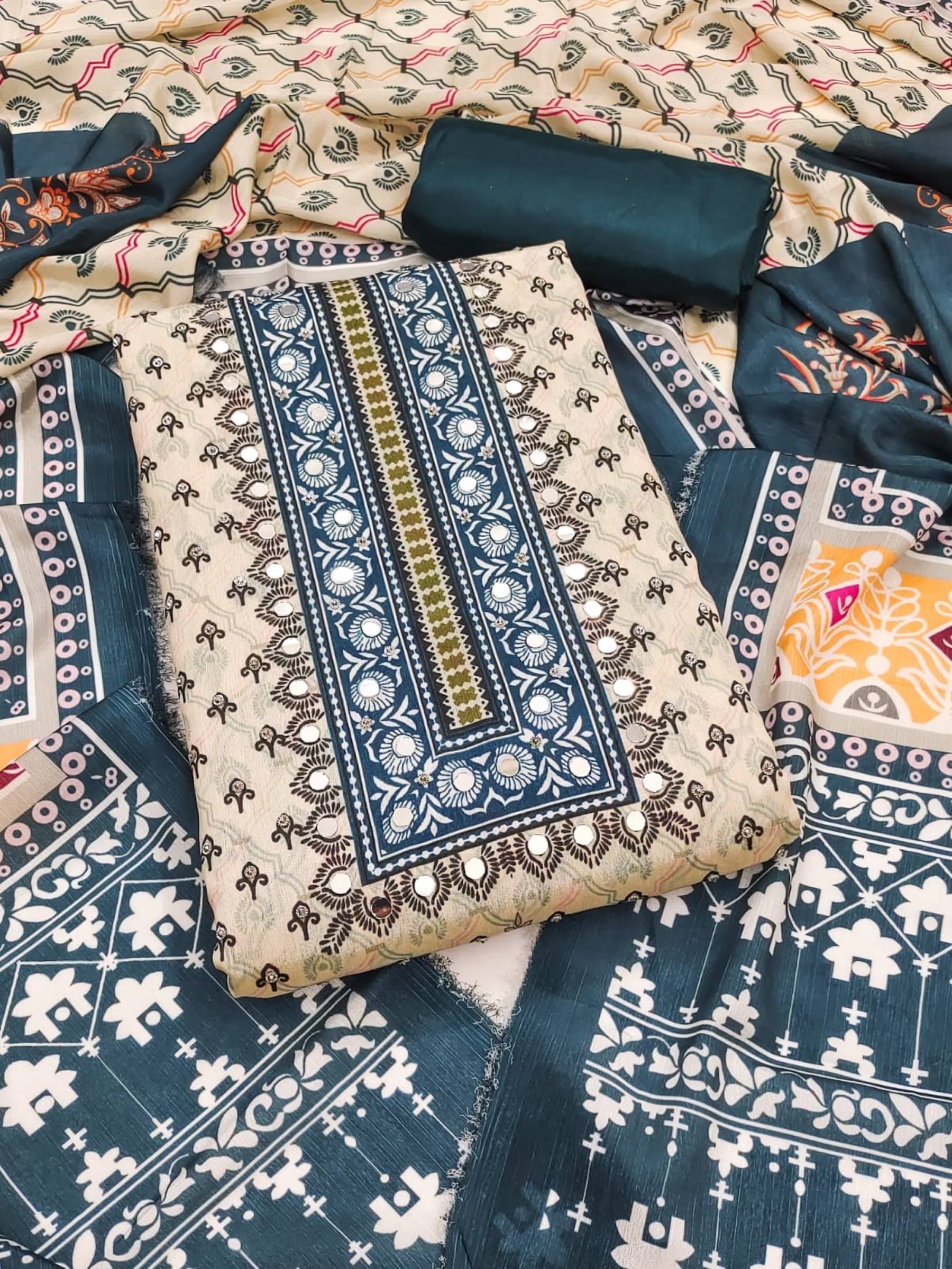 Rangtulika Ethnics Blue Muslin A-line Unstitched Dress Material Rangtulika Ethnics Blue Muslin A-line Unstitched Dress Material
