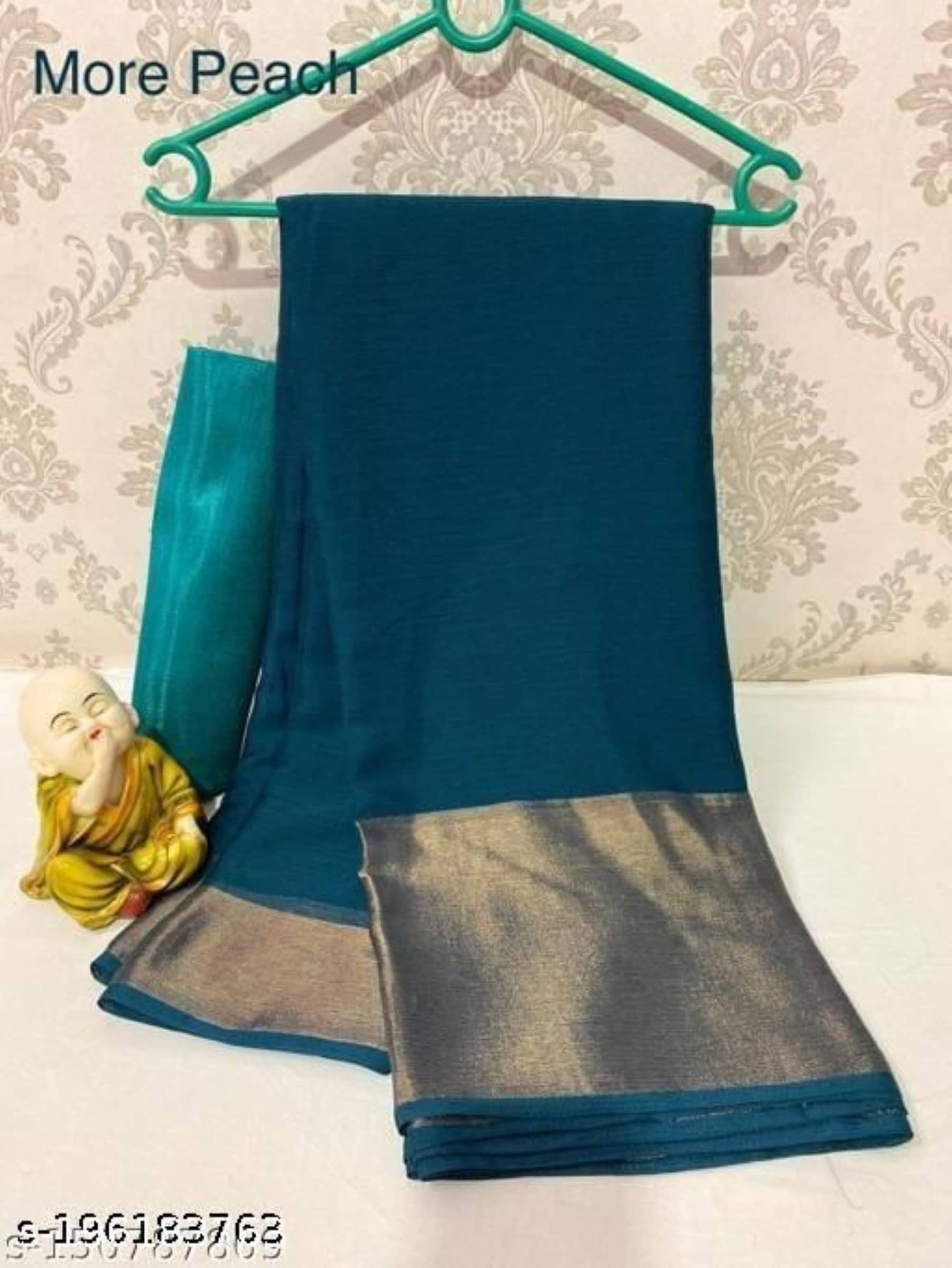 Rangtulika Ethnics Georgette Solid Saree With Unstitched Blouse Piece ( Teal ) - Sarees | Buy online on ZillyBuy