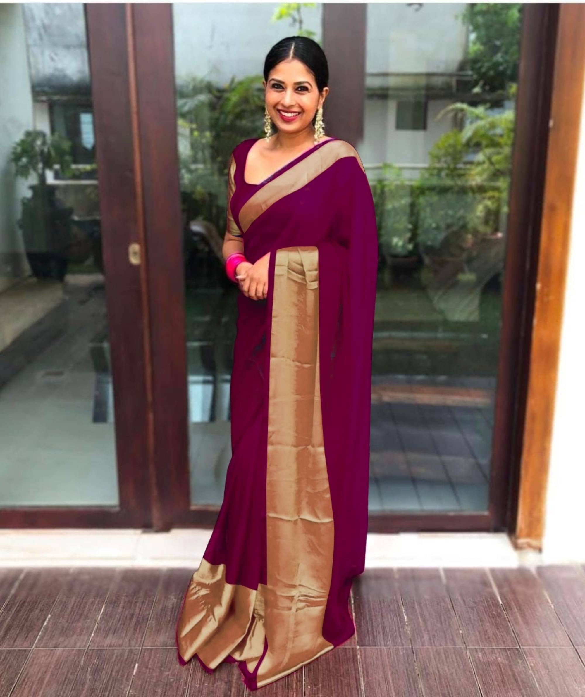     			Rangtulika Ethnics Georgette Solid Saree With Unstitched Blouse Piece ( Purple )