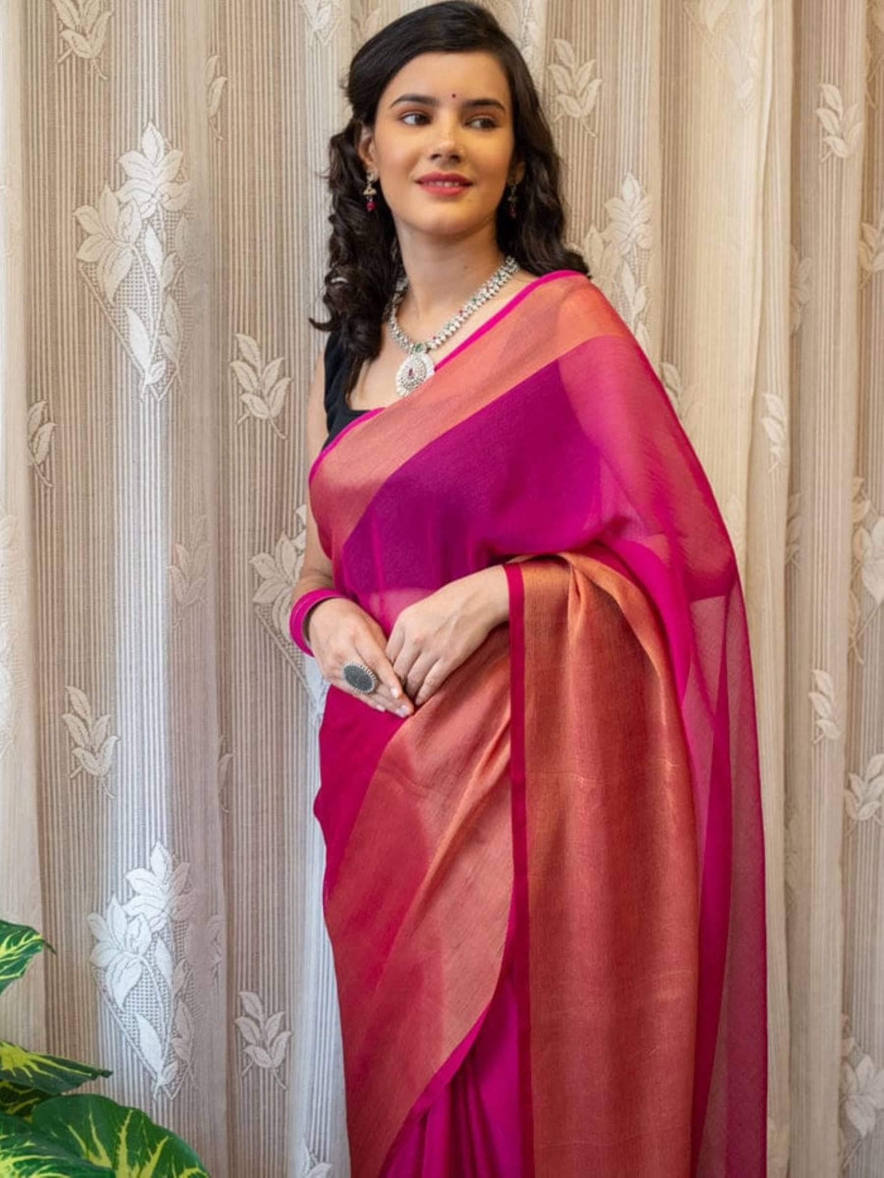 Rangtulika Ethnics Georgette Solid Saree With Unstitched Blouse Piece ( Pink ) Rangtulika Ethnics Georgette Solid Saree With Unstitched Blouse Piece ( Pink )