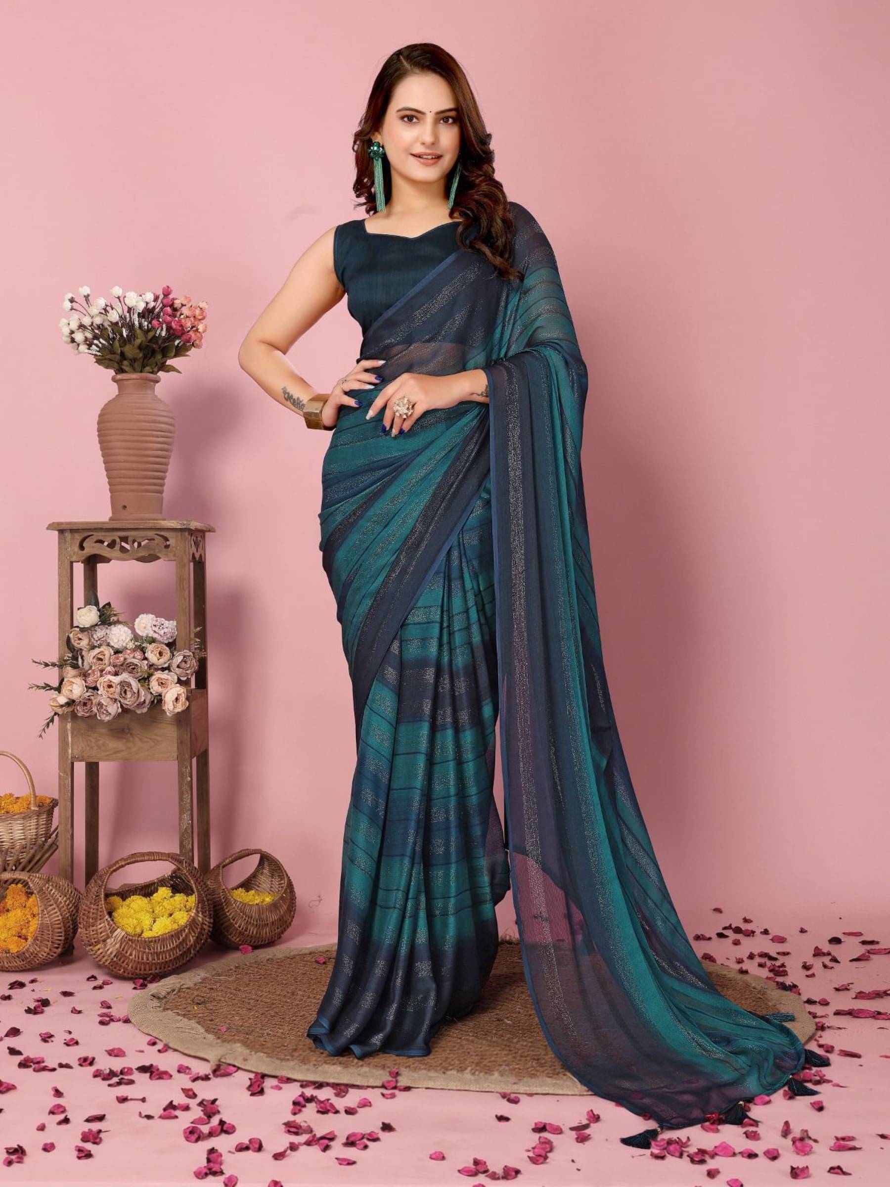 Rangtulika Ethnics Georgette Solid Saree With Unstitched Blouse Piece ( Teal ) Rangtulika Ethnics Georgette Solid Saree With Unstitched Blouse Piece ( Teal )