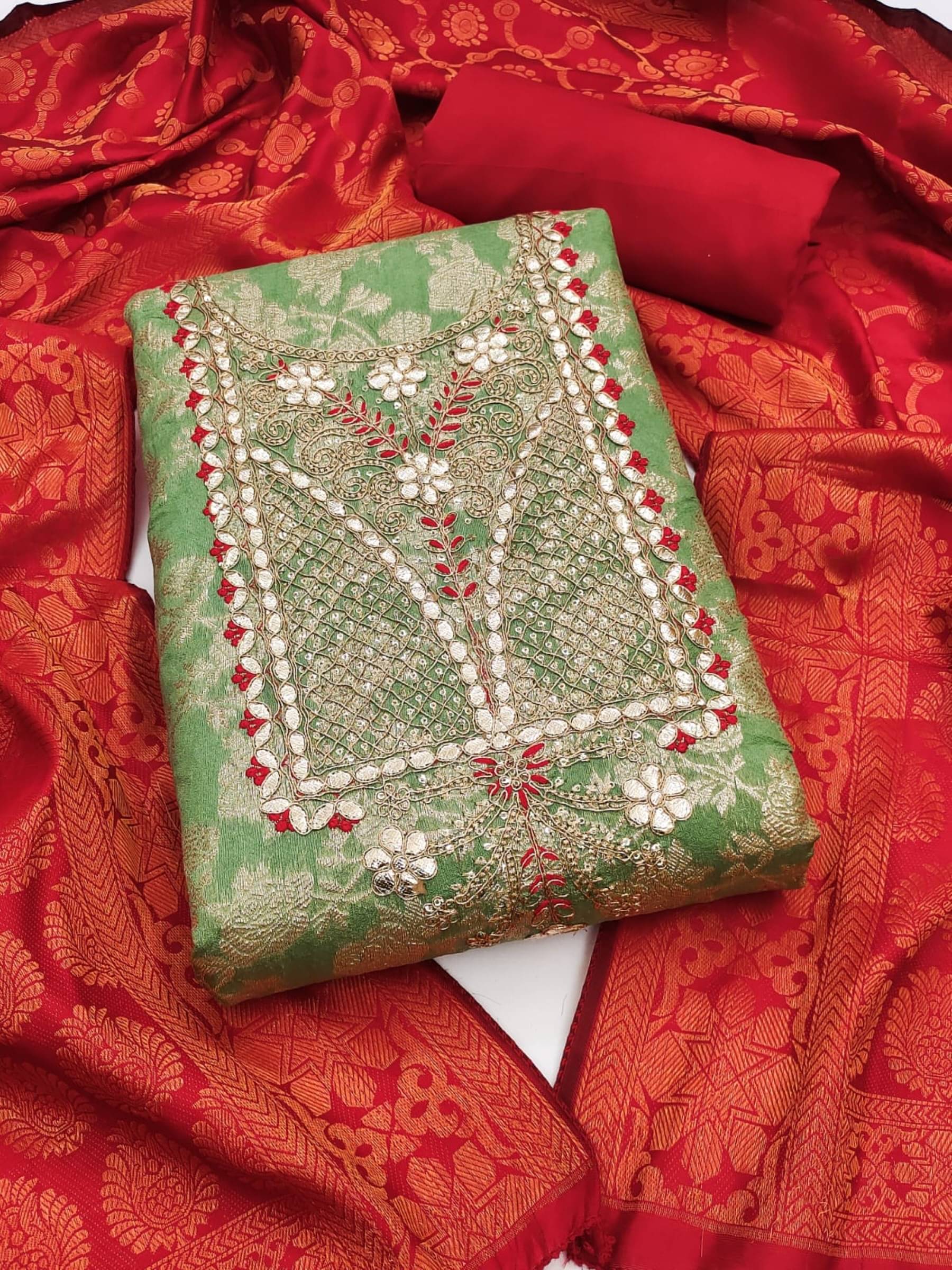 Rangtulika Ethnics Green Banarasi Silk A-line Unstitched Dress Material     			Rangtulika Ethnics Green Banarasi Silk A-line Unstitched Dress Material