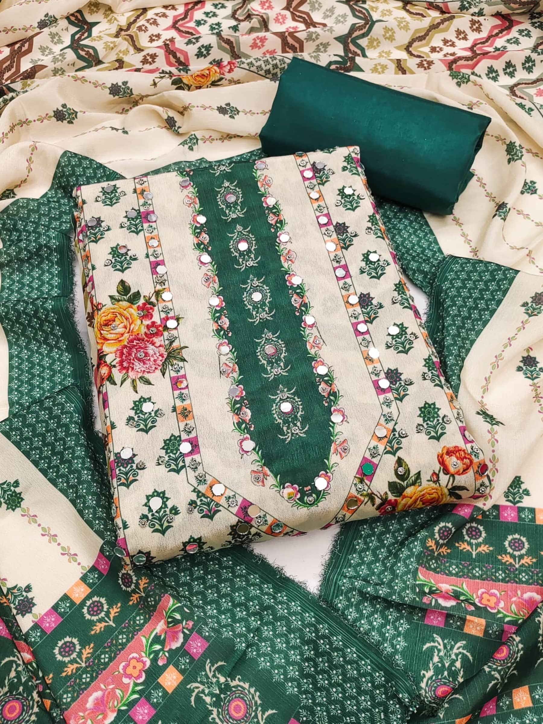 Rangtulika Ethnics Green Muslin A-line Unstitched Dress Material - Unstitched Fabrics | Buy online on ZillyBuy