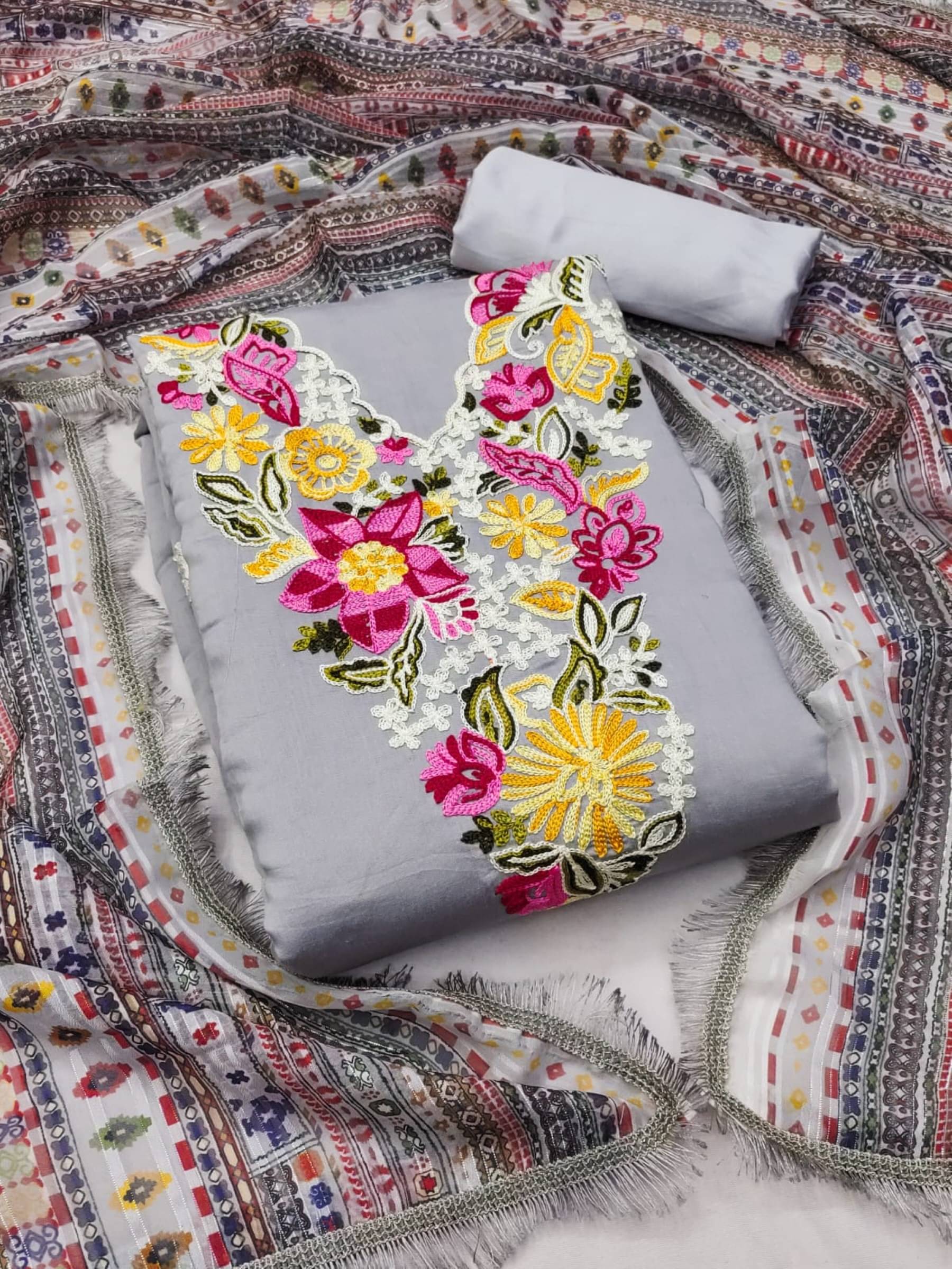     			Rangtulika Ethnics Grey Cotton Silk A-line Unstitched Dress Material