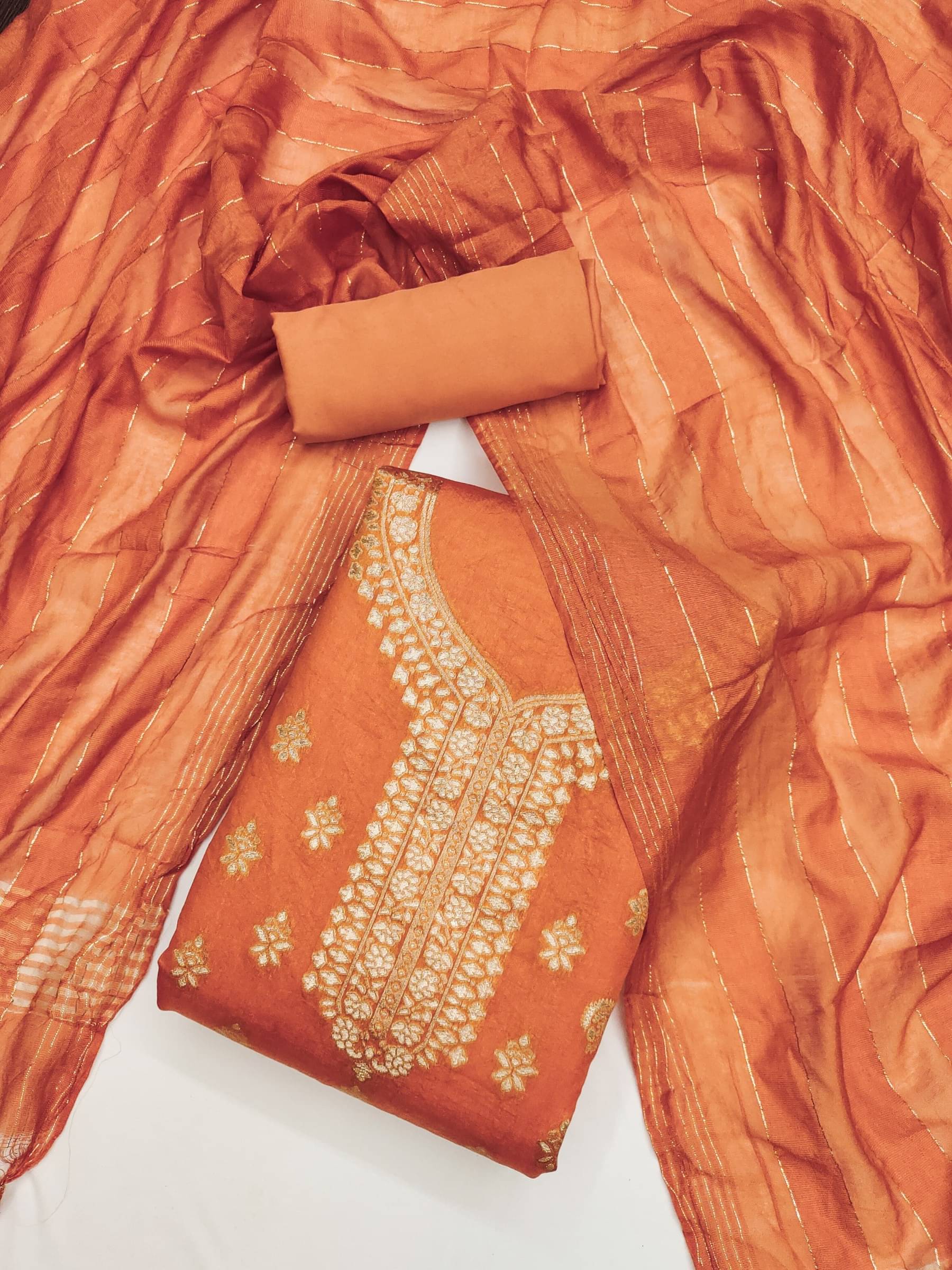     			Rangtulika Ethnics Orange Jacquard A-line Unstitched Dress Material